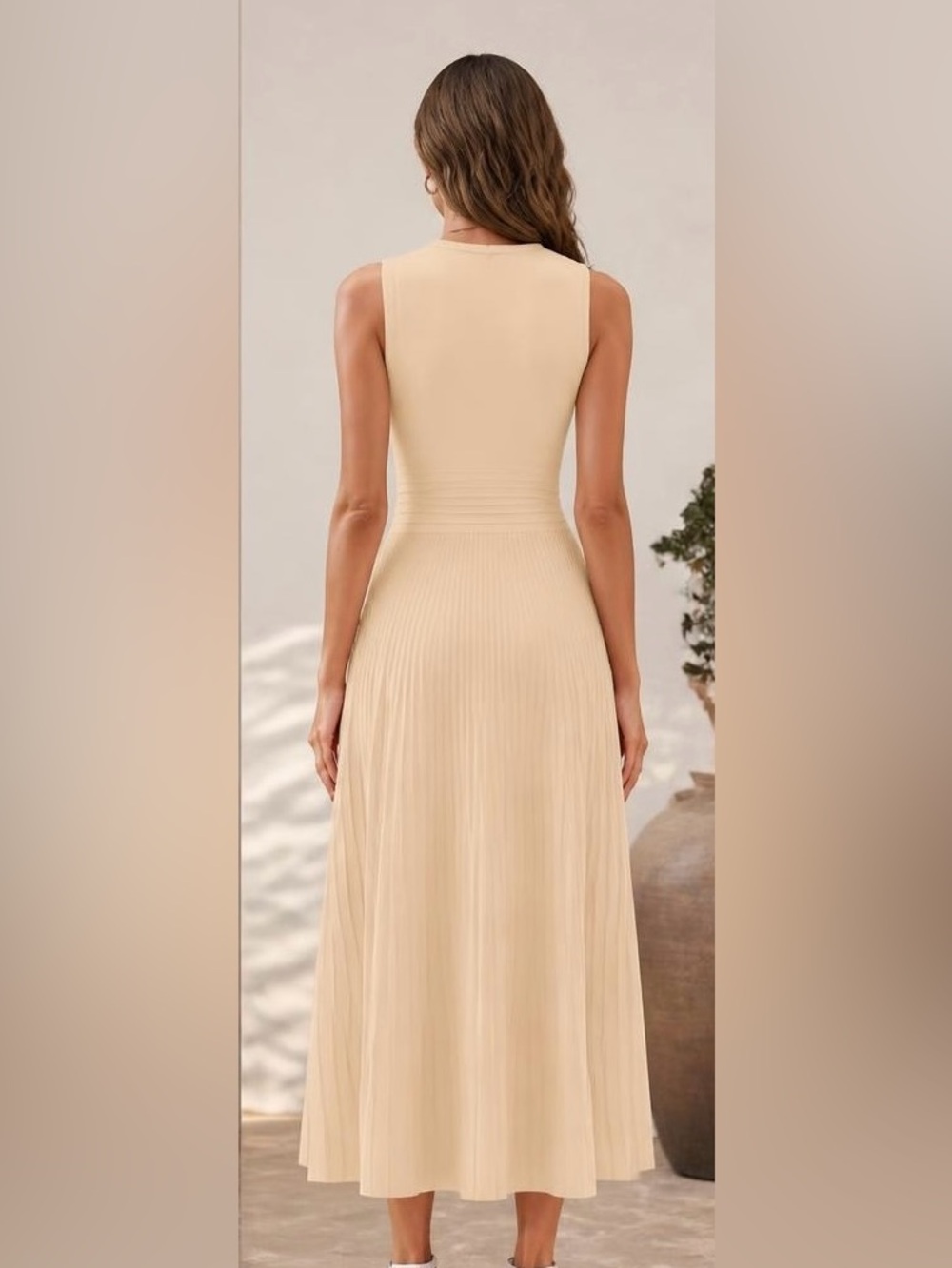BCBGMAXAZRIA Sleeveless Pleated Midi Dress in Beige - Picture 4 of 5
